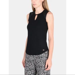 Armani Exchange Black Faux Leather Shoulder Sleeveless Keyhole Tank